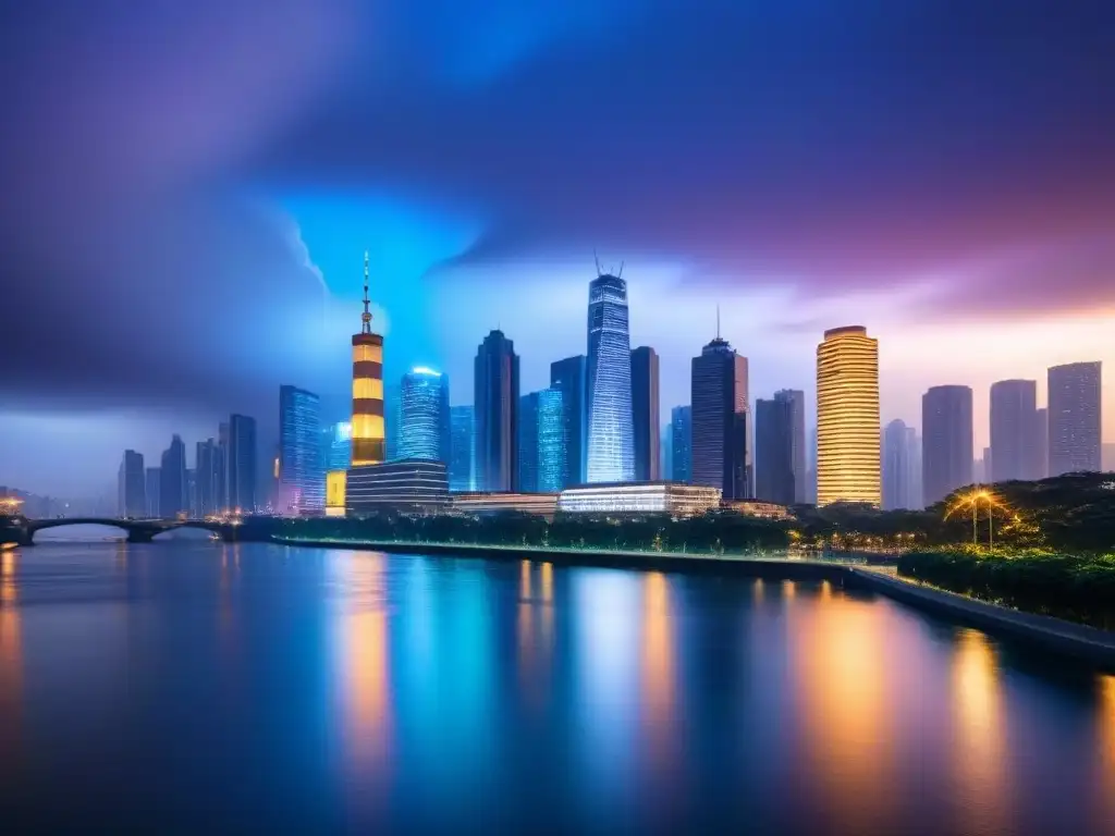Horizonte urbano futurista: luces de la ciudad sobre río tranquilo Horizonte urbano moderno al anochecer, rascacielos iluminados y río tranquilo