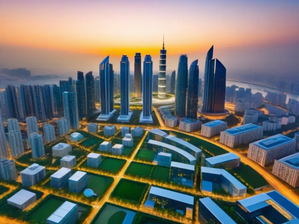 Horizonte sostenible: ciudad moderna con rascacielos verdes Un horizonte urbano moderno, sostenible e innovador con rascacielos verdes y calles llenas de vida