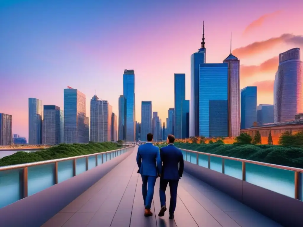 Horizonte urbano moderno y vibrante al atardecer Un horizonte urbano moderno y vibrante al anochecer, con rascacielos iluminados y profesionales en un distrito financiero