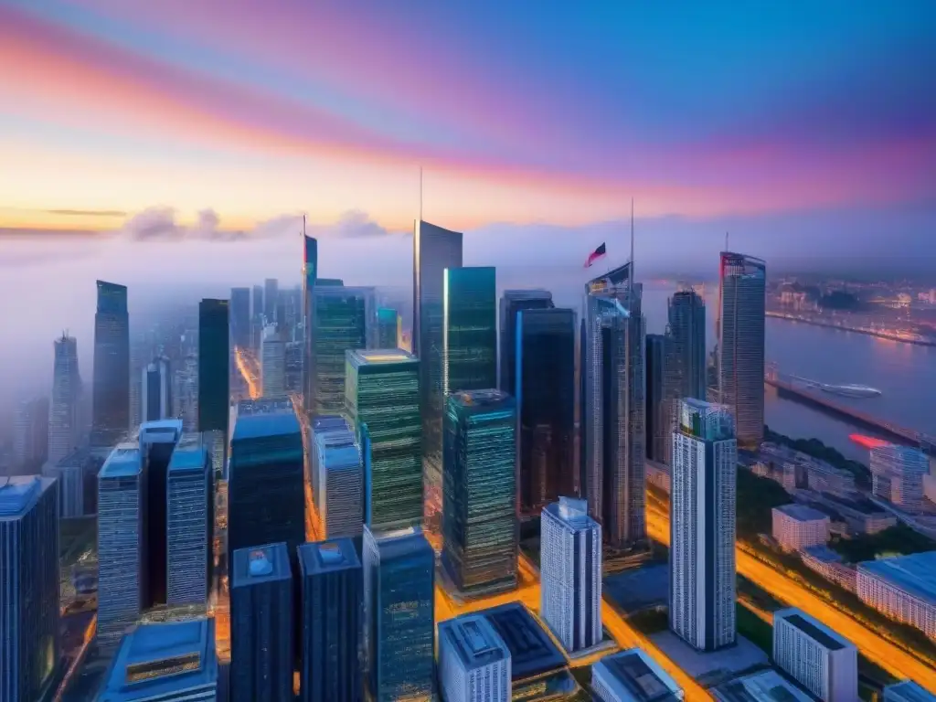 Horizonte urbano moderno iluminado: inversión internacional Un horizonte urbano moderno y vibrante al atardecer, con rascacielos iluminados y banderas nacionales ondeando al viento
