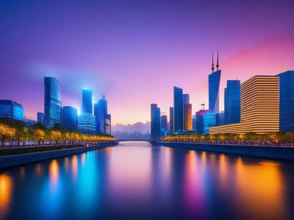 Horizonte urbano futurista: luces y negocios al atardecer Un horizonte urbano moderno y vibrante con rascacielos iluminados por luces coloridas en mercados emergentes en M&A