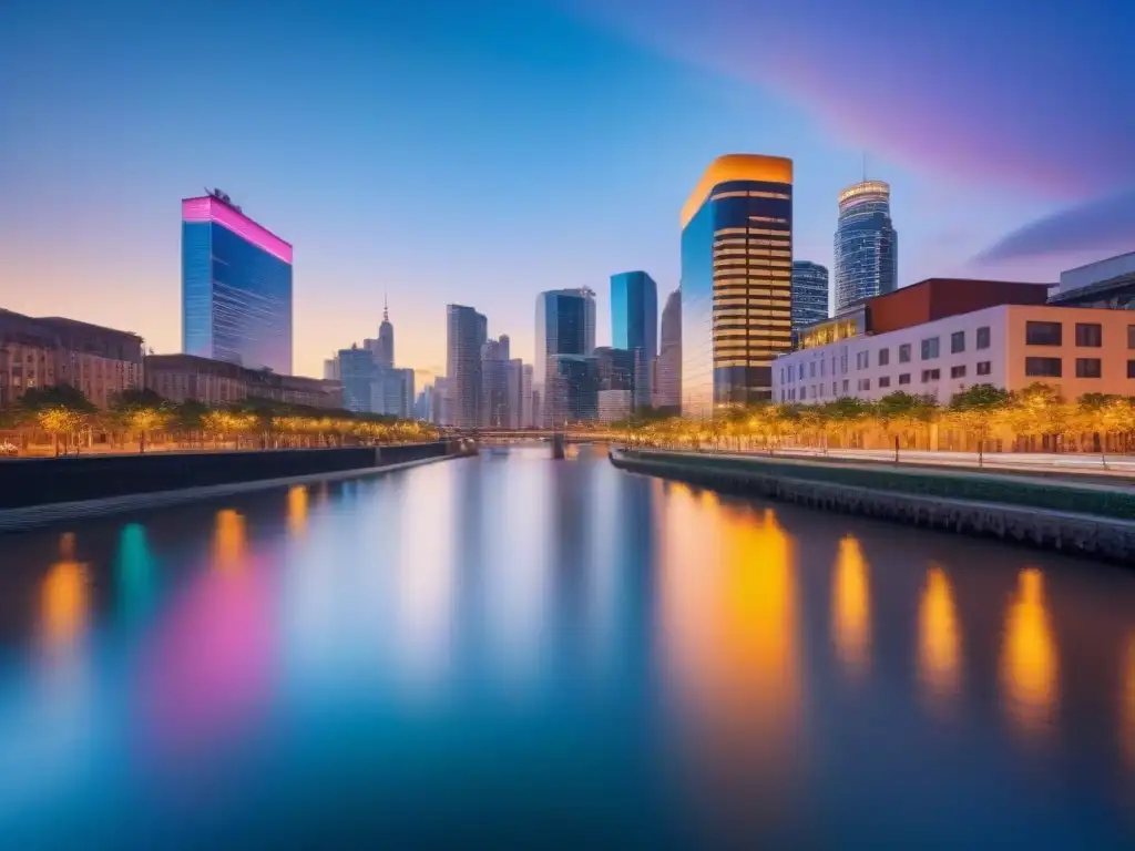 Horizonte urbano: luces y arquitectura moderna en crecimiento Horizonte urbano moderno y vibrante al anochecer con rascacielos iluminados, reflejándose en un río sereno