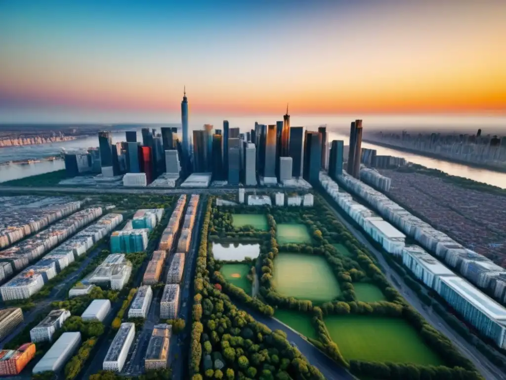 Espléndida vista aérea de una ciudad moderna al atardecer dorado Un horizonte urbano moderno y vibrante en hora dorada, reflejando la palabra clave 'Tendencias mercado inmobiliario internacional'
