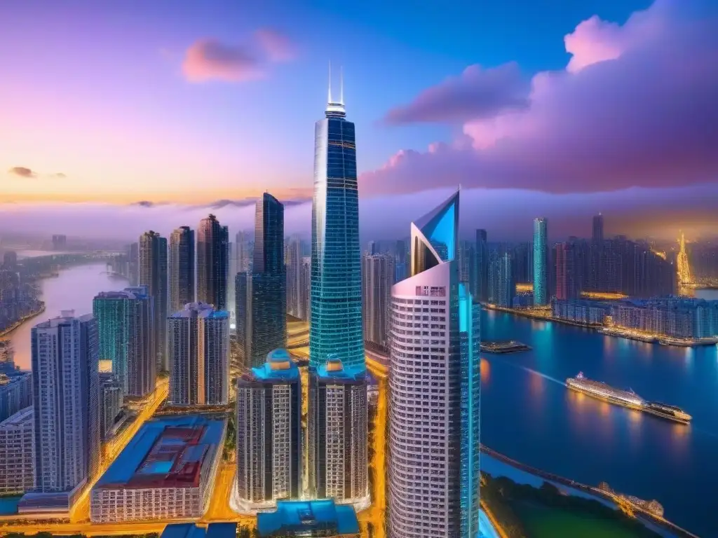 Vista nocturna de ciudad moderna en 8k: lujo y prosperidad Un horizonte urbano moderno y vibrante al anochecer, reflejando luces coloridas