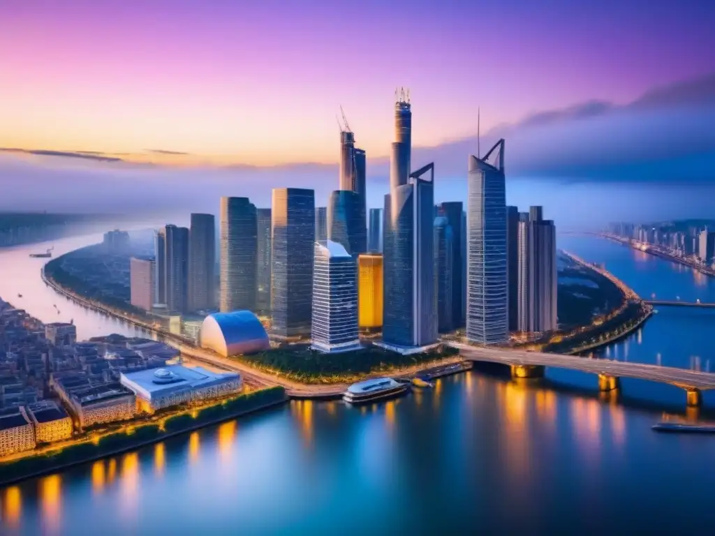 Horizonte urbano al atardecer: luces y tecnología en PropTech Un horizonte urbano nocturno con rascacielos iluminados y un río tranquilo