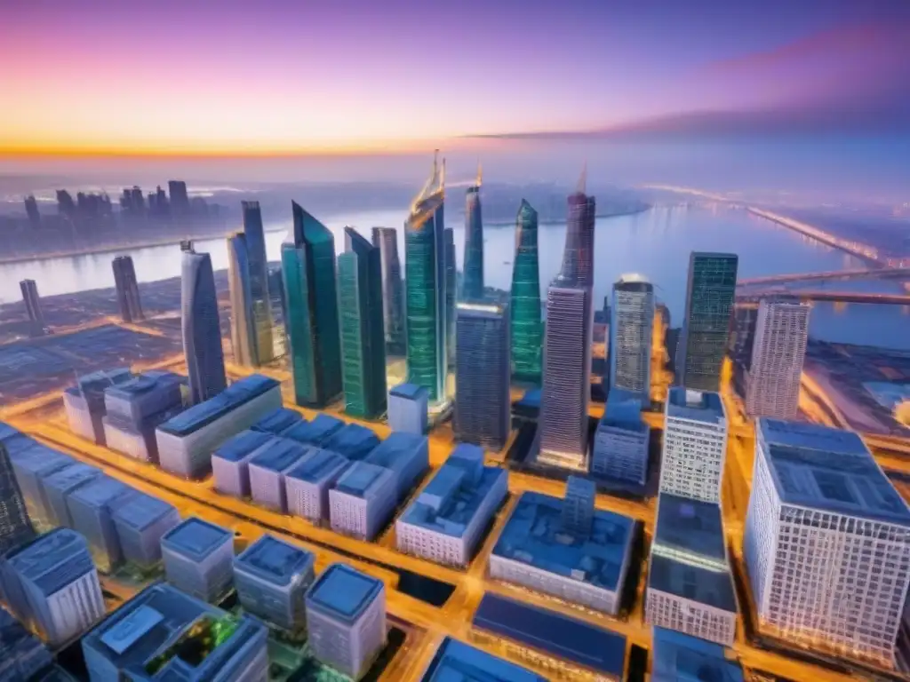 Metrópolis posindustrial: luces, innovación y progreso Un horizonte urbano postindustrial iluminado, símbolo de innovación en inversiones inmobiliarias en ciudades postindustriales