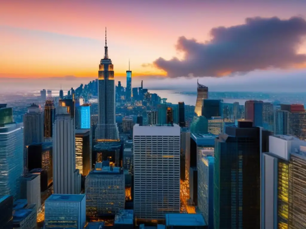 Skyline de fusiones: poder y tensiones en la industria inmobiliaria Un horizonte urbano de rascacielos fusionados, reflejando el impacto de fusiones en mercado inmobiliario internacional