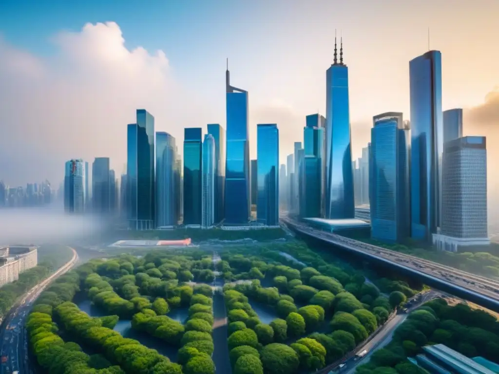 Metrópolis global: Fusión y Adquisición en Bienes Raíces Un horizonte urbano con rascacielos reflejando la luz del sol, rodeado de vegetación y calles llenas de autos