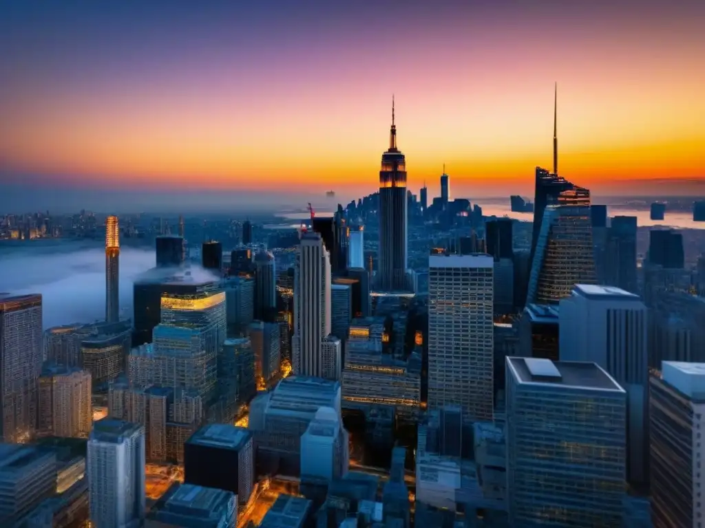 Metrópolis dorada: auge inmobiliario internacional en ultradetalle 8k Un horizonte urbano con rascacielos modernos reflejando el sol poniente, simbolizando oportunidades inmobiliarias internacionales postcrisis