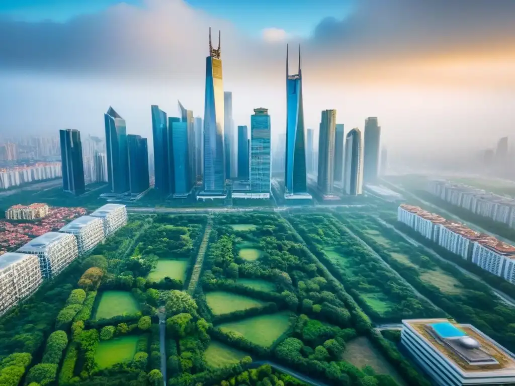 Metrópolis vibrante: rascacielos y parques verdes Un horizonte urbano con rascacielos y parques verdes, simbolizando crecimiento y oportunidades en investigación de mercado inversión inmobiliaria
