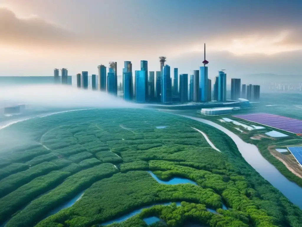 Skyline sostenible: ciudad verde y moderna en 8k Un horizonte urbano sostenible con diseño innovador frente a desastres naturales