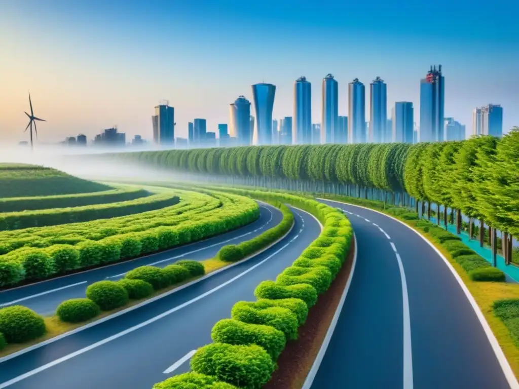 Horizonte urbano sostenible: rascacielos verdes en armonía Horizonte urbano sostenible con rascacielos verdes y paneles solares bajo cielo azul