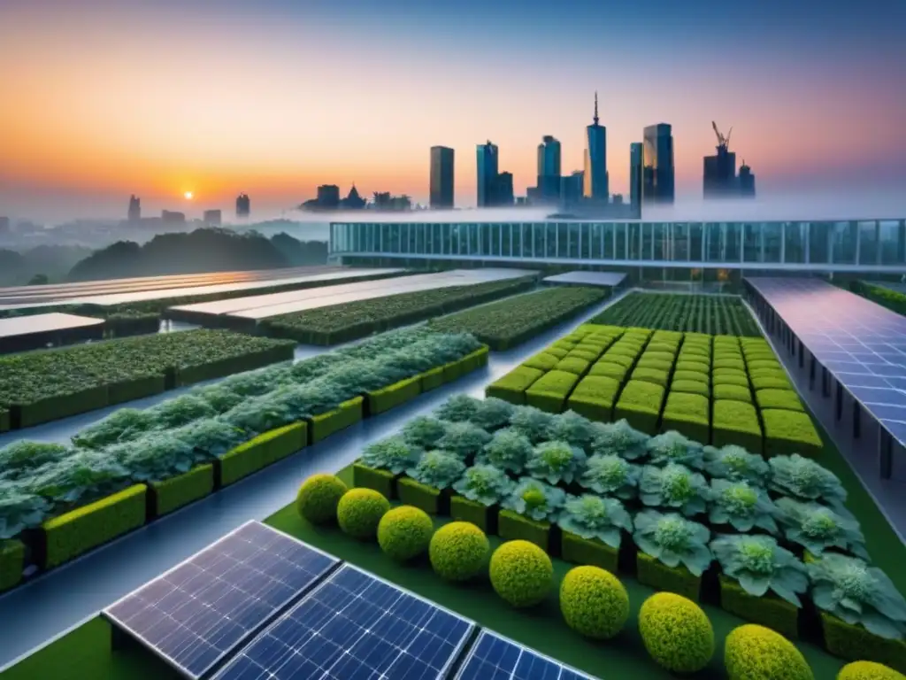 Skyline ecológico: arquitectura innovadora en ciudad moderna Horizonte urbano verde con diseño arquitectónico innovador y paneles solares