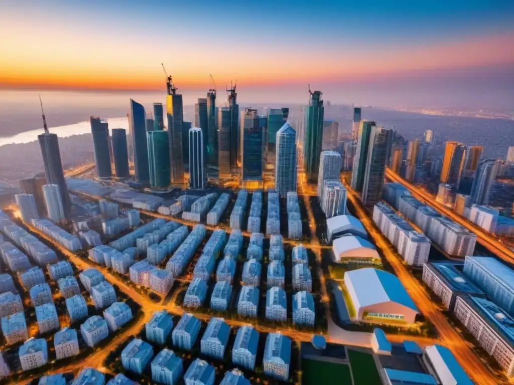 Vibrante ciudad: crecimiento inmobiliario internacional al atardecer Un horizonte urbano vibrante al atardecer, reflejo de estrategias anticíclicas en el mercado inmobiliario internacional