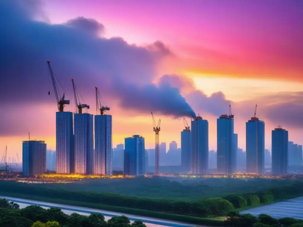 Horizonte urbano en crecimiento: rascacielos y grúas al atardecer Horizonte urbano vibrante al atardecer, reflejando el impacto de la migración en proyectos inmobiliarios