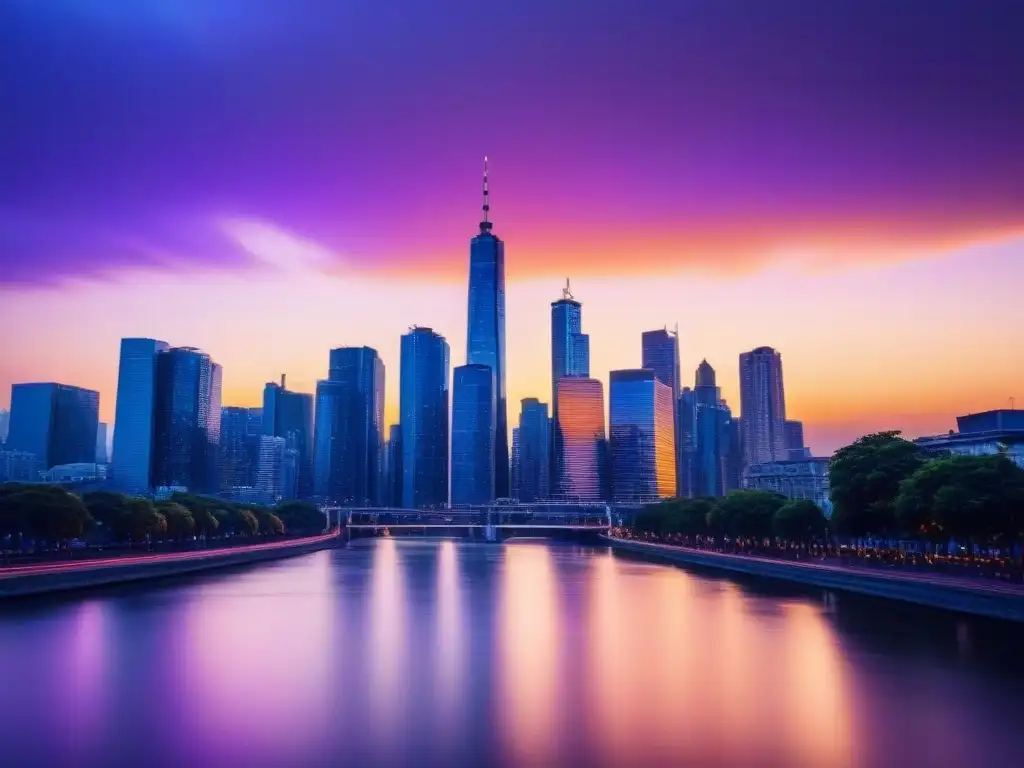 Skyline urbano vibrante al atardecer: oportunidades en mercado inmobiliario internacional Horizonte urbano vibrante al atardecer, con rascacielos modernos iluminados y un río sereno