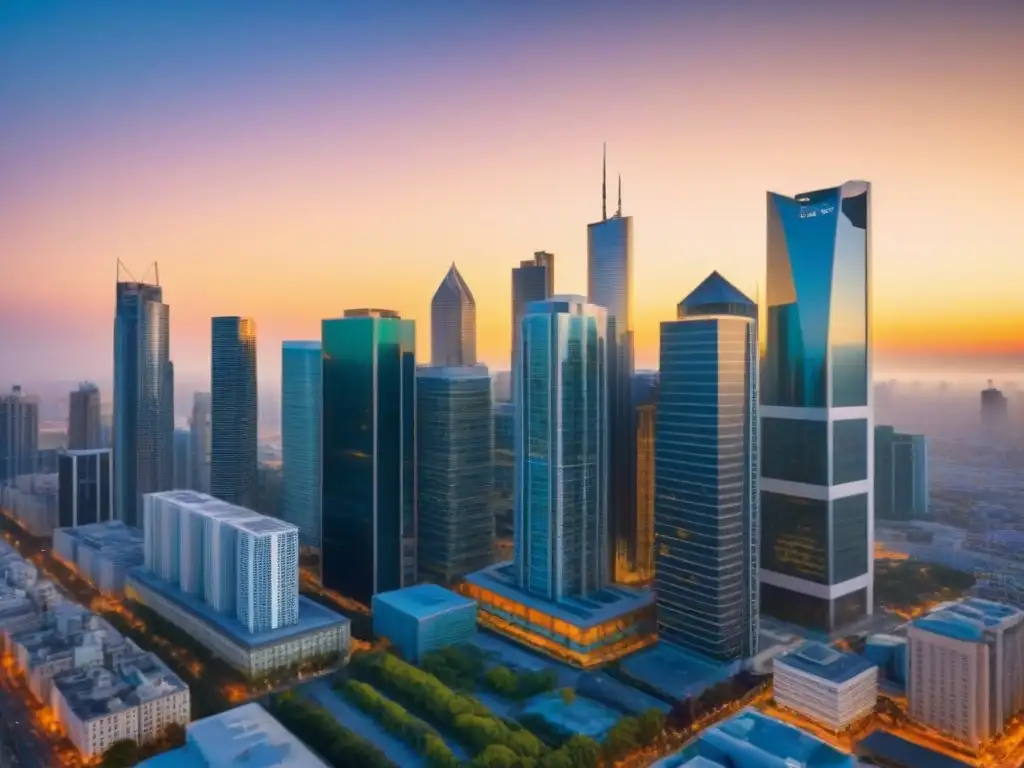 Horizonte urbano al atardecer: mercado inmobiliario próspero Un horizonte urbano vibrante al atardecer, reflejando estrategias inversión mercado inmobiliario internacional