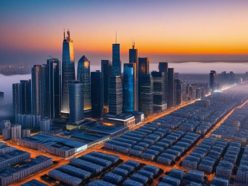 Horizonte urbano al atardecer: metrópolis vibrante en 8k Un horizonte urbano vibrante al atardecer, con rascacielos modernos y energía bulliciosa