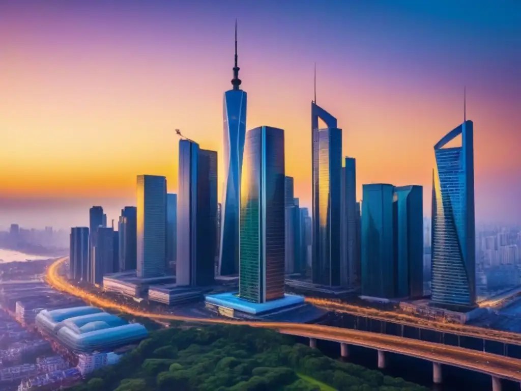 Horizonte urbano al atardecer: inversión en mercados emergentes Un horizonte urbano vibrante al atardecer, con rascacielos modernos iluminados por el cálido sol poniente y profesionales debatiendo