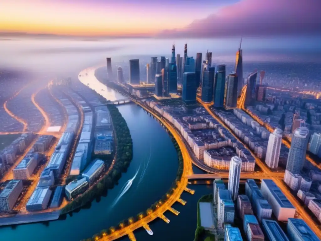 Esplendor urbano al atardecer: ciudad vibrante y moderna Un horizonte urbano vibrante y bullicioso al anochecer, reflejando el mercado inmobiliario impulsado por la migración interna