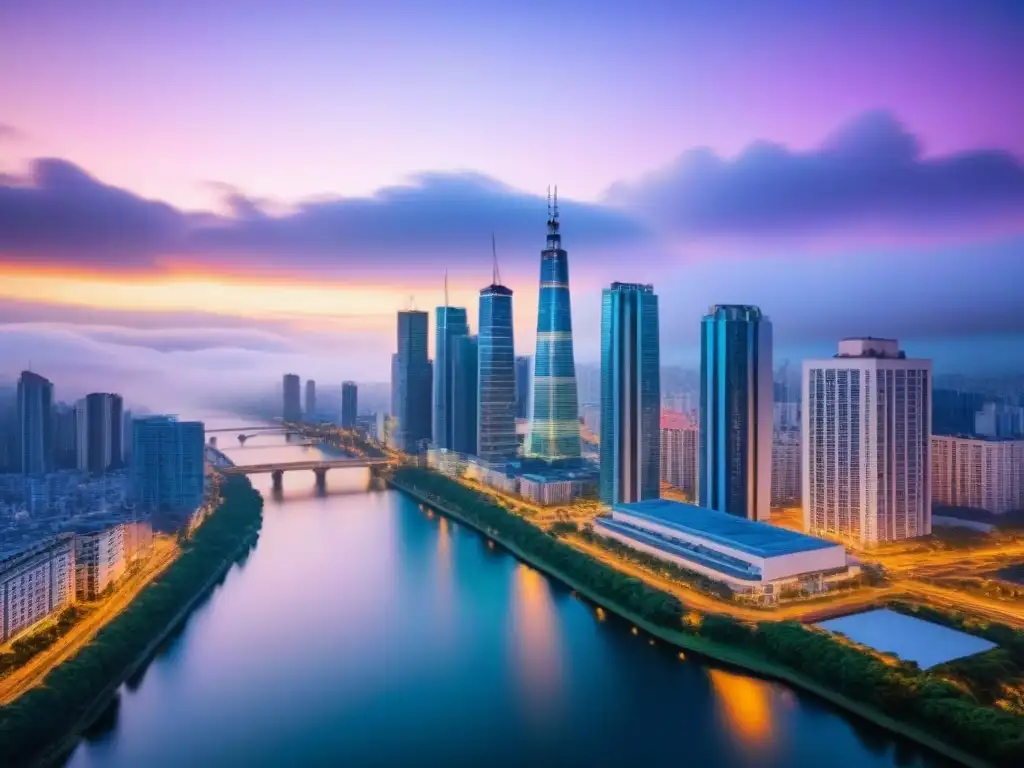 Horizonte urbano global: luces y arquitectura en río sereno Un horizonte urbano vibrante y bullicioso al anochecer, con rascacielos iluminados y un río sereno