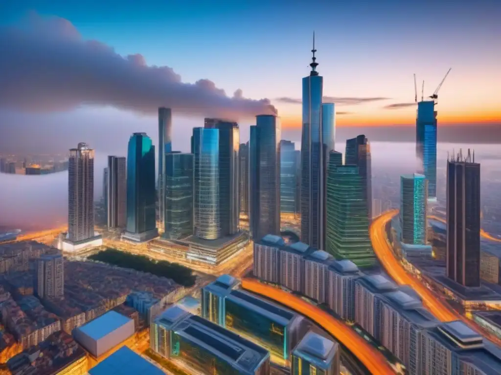 Horizonte urbano dinámico en mercado inmobiliario emergente Un horizonte urbano vibrante en una ciudad emergente, fusionando modernidad y tradición