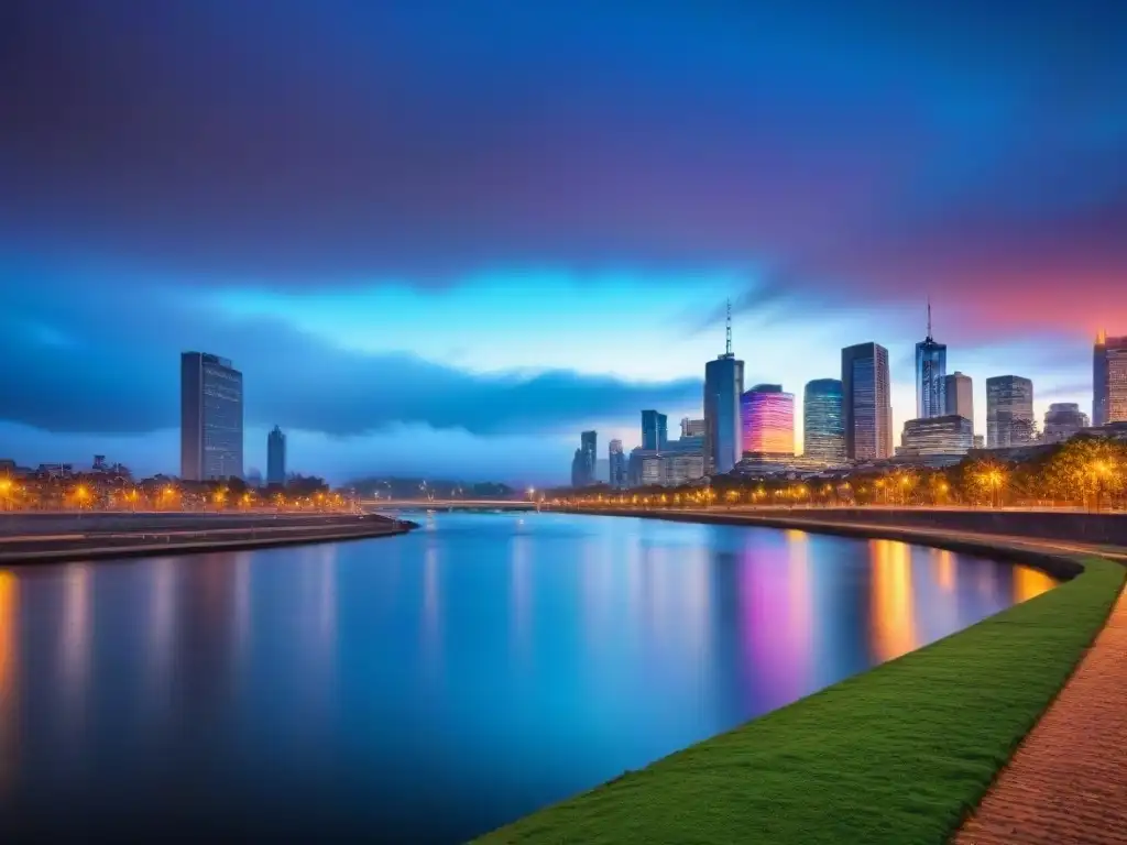 Horizonte urbano vibrante al anochecer: resiliencia y progreso Horizonte urbano vibrante al anochecer con edificios iluminados y reflejados en un río tranquilo, simbolizando propiedades postdesastres casos éxito