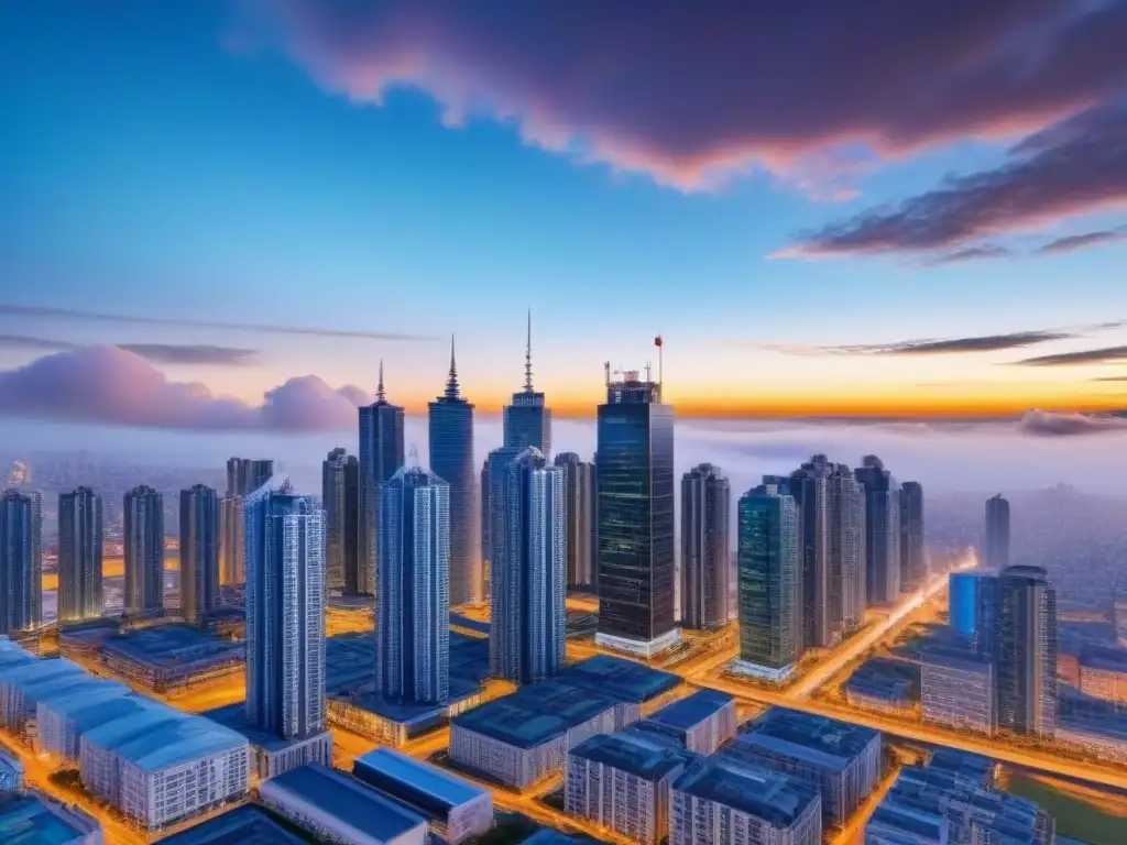 Horizonte urbano futurista: eficiencia y progreso en la era digital Un horizonte urbano vibrante y futurista al atardecer, con rascacielos elegantes reflejando los tonos cálidos del sol en un cielo azul claro