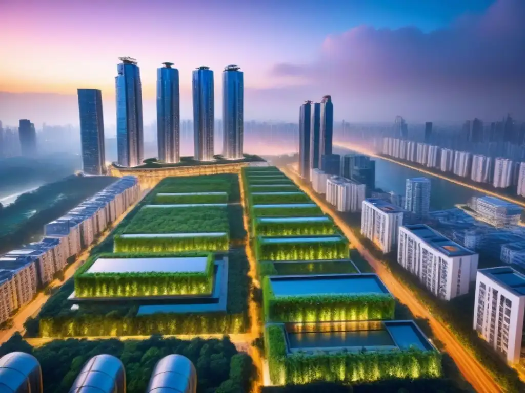 Metrópolis futurista con arquitectura verde y luces brillantes al anochecer Un horizonte urbano vibrante y futurista con integración de biodiversidad en el desarrollo urbano al anochecer