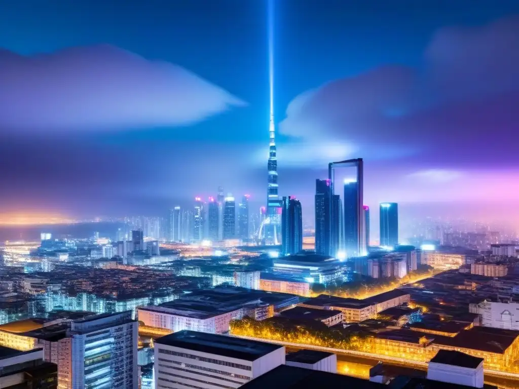 Metrópolis futurista iluminada: oportunidades de M&A Un horizonte urbano vibrante y futurista de noche, con rascacielos iluminados y coloridos