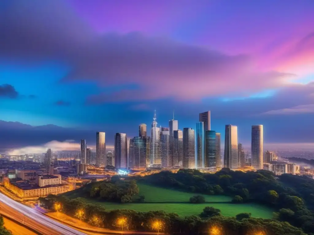 Horizonte urbano vibrante al anochecer: luces de oportunidad Horizonte urbano vibrante al anochecer, iluminado por luces coloridas, reflejo de oportunidades en inversiones inmobiliarias en mercados emergentes