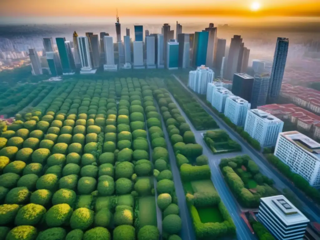 Contrastes urbanos: crecimiento y oportunidad en mercados emergentes Un horizonte urbano vibrante en un mercado emergente, mezclando rascacielos modernos y edificios históricos, rodeado de vegetación