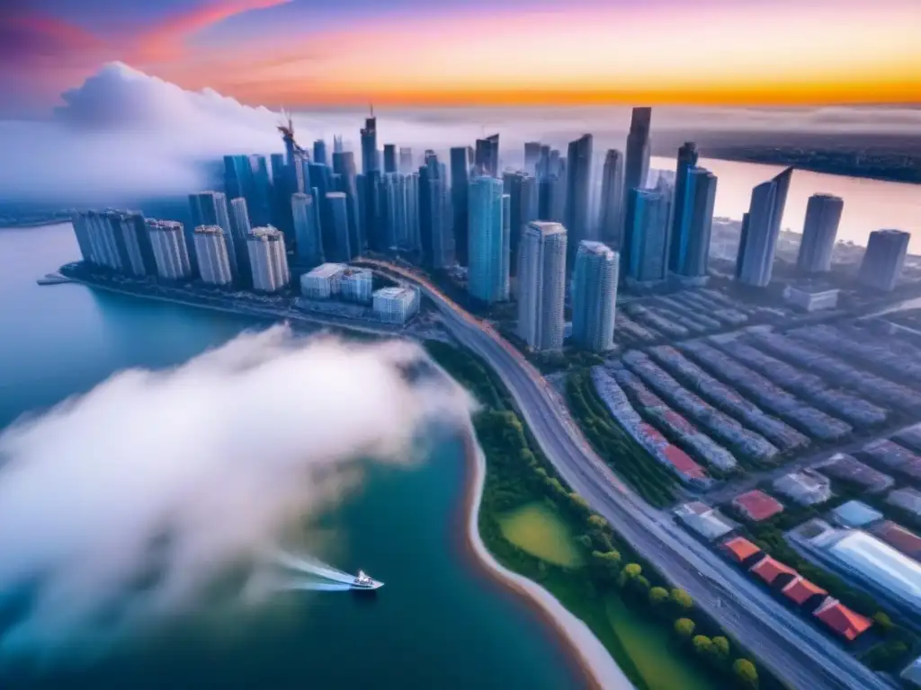 Horizonte urbano: modernidad y prosperidad en inversión inmobiliaria Un horizonte urbano vibrante en un mercado maduro, con rascacielos modernos y un atardecer impresionante