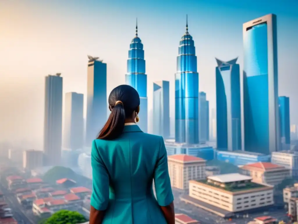 Skyline vibrante de mercado emergente: crecimiento y oportunidades Un horizonte urbano vibrante y moderno de un bullicioso mercado emergente, con rascacielos altos y edificios tradicionales bajo un cielo azul
