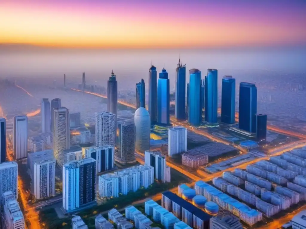 Horizonte urbano africano: metrópolis vibrante al atardecer Un horizonte urbano vibrante y moderno de una bulliciosa metrópolis africana al atardecer, con rascacielos elegantes y calles llenas de gente y coches, simbolizando el crecimiento y la oportunidad en el sector inmobiliario de África subsahariana