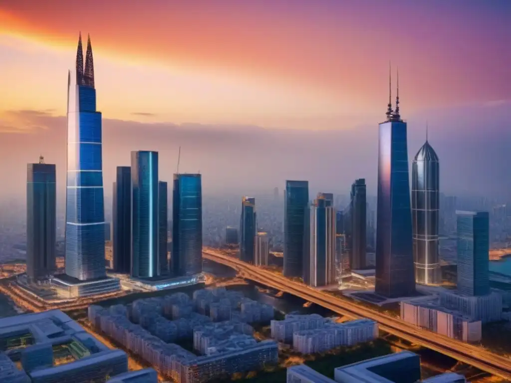 Inversiones inmobiliarias: fusión de tradición y modernidad en la ciudad Horizonte urbano vibrante al anochecer, fusionando rascacielos futuristas con edificios históricos iluminados innovadoramente, reflejando la combinación de tradición y modernidad en estrategias diversificación inversión inmobiliaria internacional