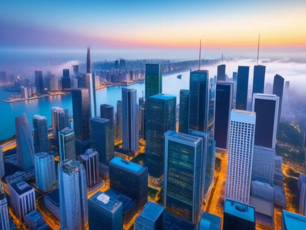 Skyline urbano: inversión global en propiedades Un horizonte urbano vibrante de rascacielos en una ciudad financiera, simbolizando éxito en el financiamiento de propiedades para inversores globales
