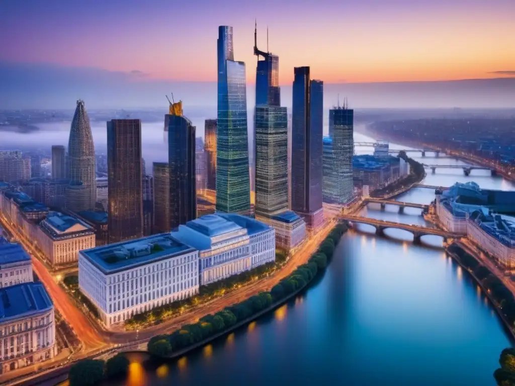 Espléndida vista aérea de ciudad vibrante al atardecer Un horizonte urbano vibrante al anochecer con rascacielos y edificios históricos iluminados