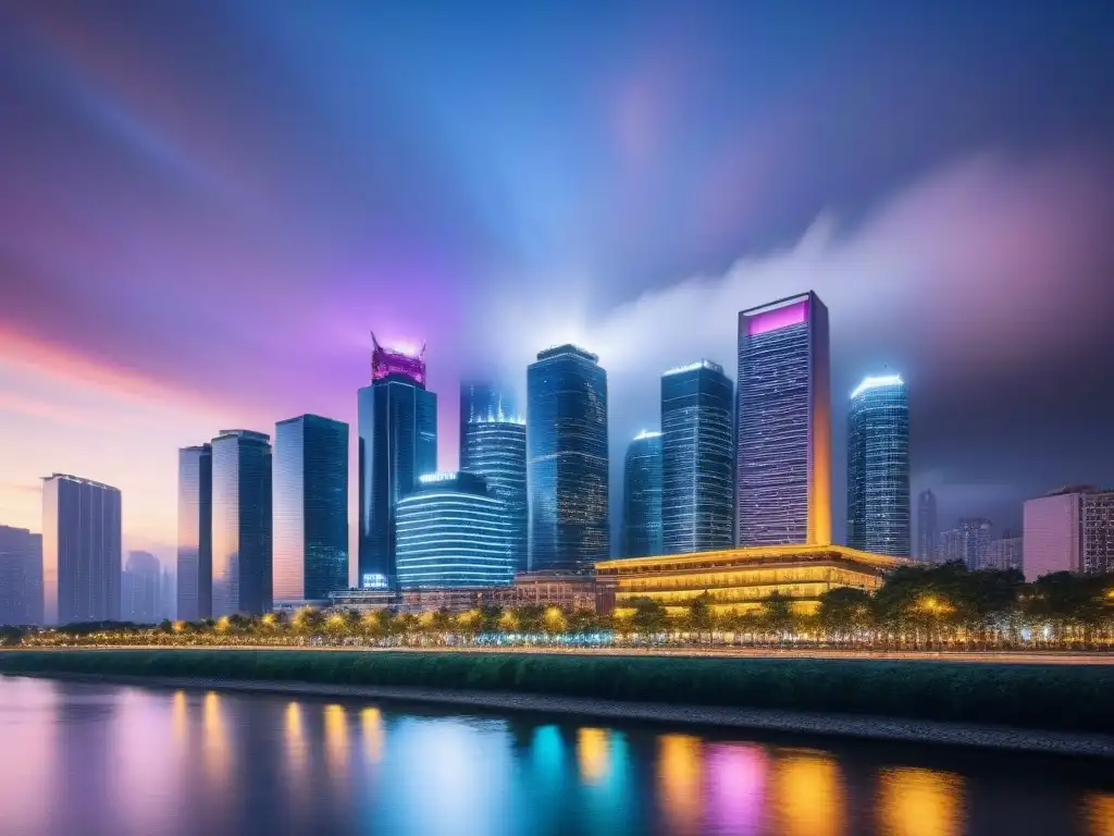Metrópolis futurista: luces y arquitectura en la ciudad dinámica Horizonte urbano vibrante con rascacielos iluminados, reflejados en un río tranquilo