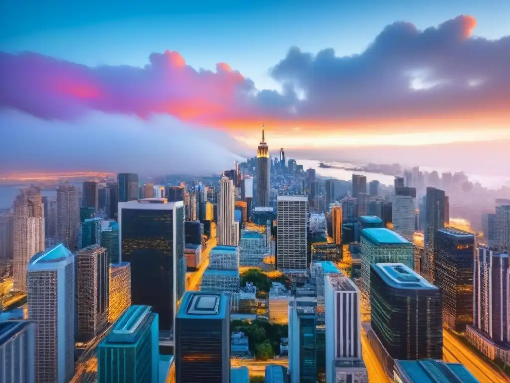 Horizonte urbano moderno y próspero: oportunidades de inversión en terrenos Horizonte urbano vibrante con rascacielos, simbolizando éxito financiero y oportunidades de inversión en terrenos sin desarrollar