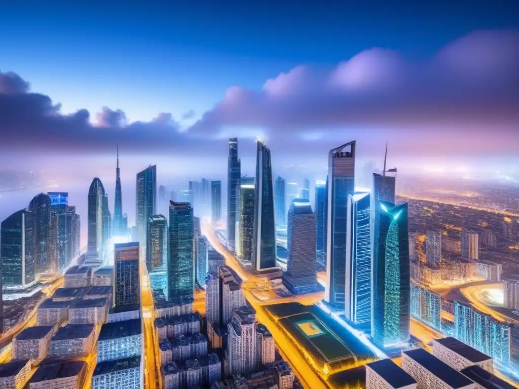 Oportunidades de inversión inmobiliaria: vista aérea de la ciudad futurista Un horizonte urbano vibrante con rascacielos modernos, resaltando la energía y potencial del crowdfunding inmobiliario internacional análisis