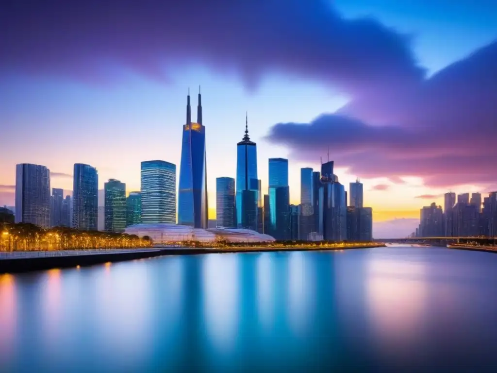 Horizonte urbano moderno: inversión en REITs internacionales Un horizonte urbano vibrante con rascacielos, simbolizando oportunidades en Invertir en REITs internacionales rentables