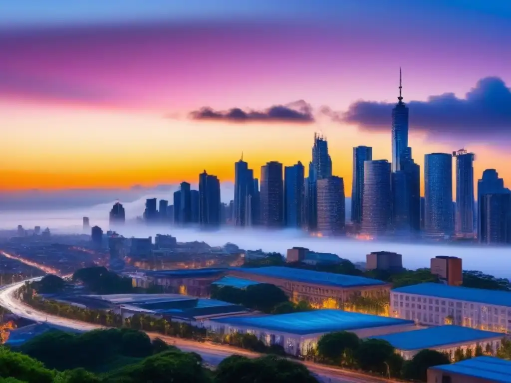 Atardecer vibrante en la ciudad: energía urbana y desarrollo turístico Horizonte urbano vibrante al anochecer con rascacielos iluminados, reflejando el impacto del turismo y mercado inmobiliario