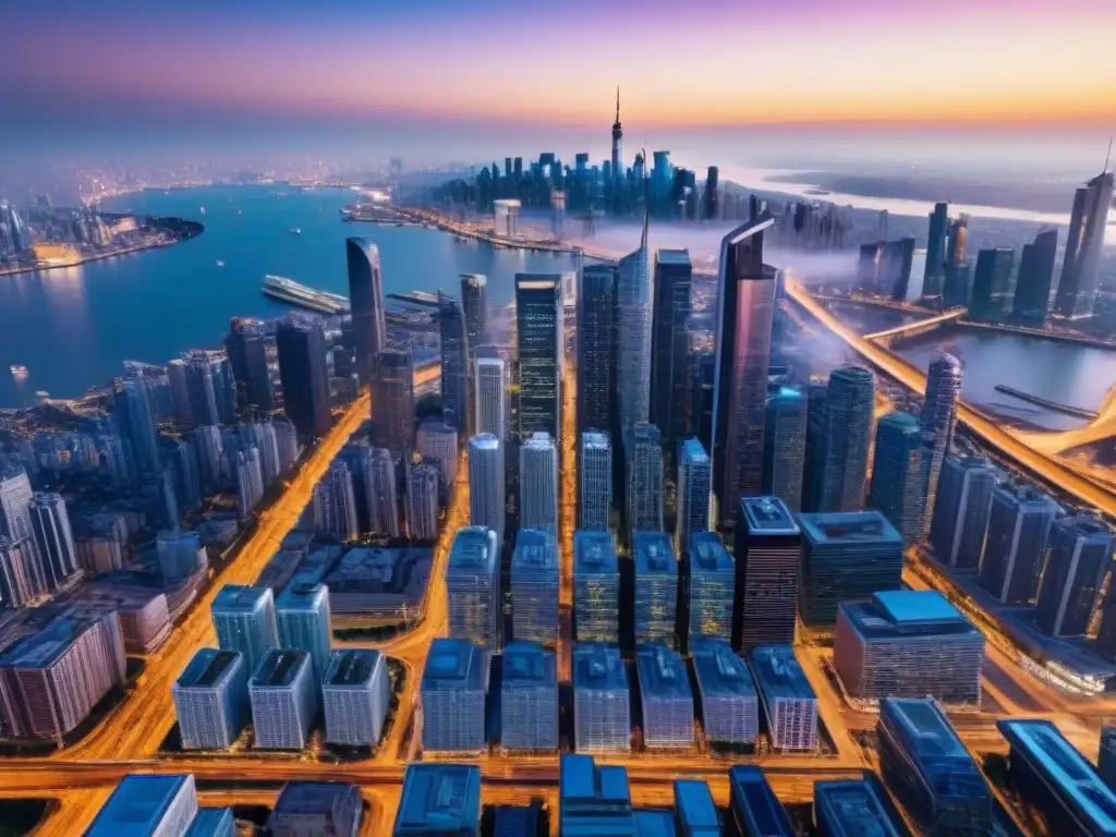 Horizonte urbano al anochecer: luces y arquitectura en 8k Un horizonte urbano vibrante de metrópolis al anochecer con rascacielos modernos