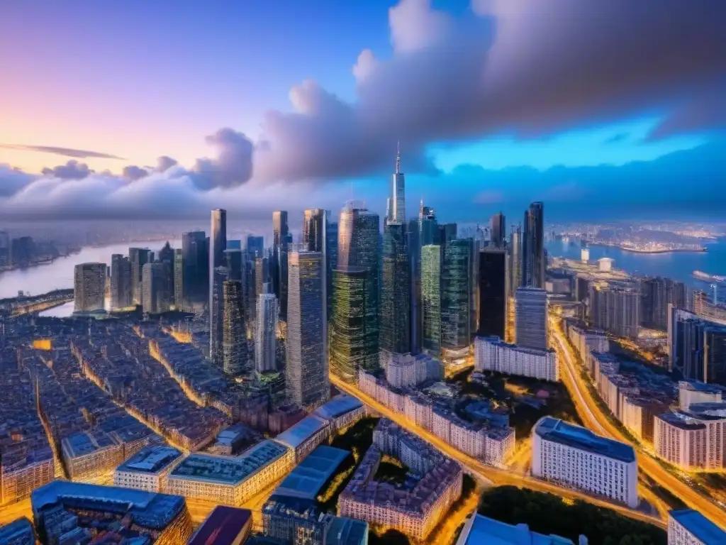 Espléndida vista aérea de una ciudad vibrante y moderna Un horizonte urbano vibrante con rascacielos imponentes y luces de la ciudad brillantes