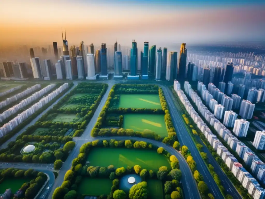 Skyline vibrante: real estate y arquitectura moderna en ciudad global Un horizonte urbano vibrante con rascacielos modernos, parques verdes y complejas redes viales bajo un cálido atardecer