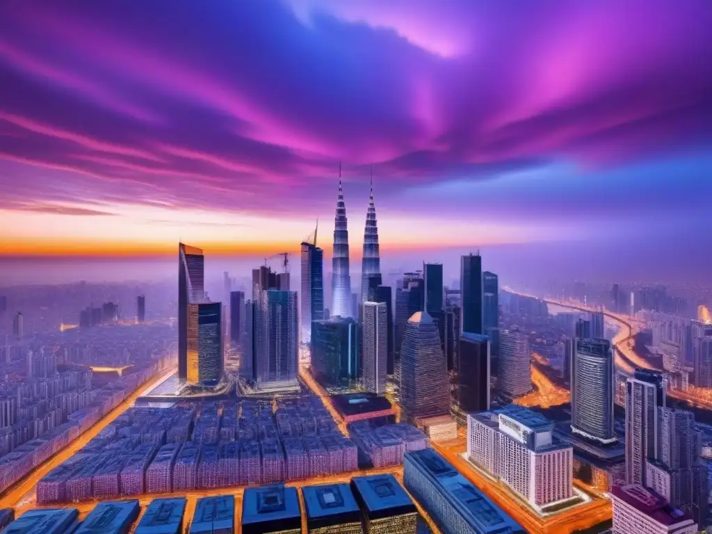 Skyline urbano: Futuro y tradición en una metrópolis vibrante Un horizonte urbano vibrante con rascacielos futuristas y edificios tradicionales, iluminado por luces de la ciudad al atardecer