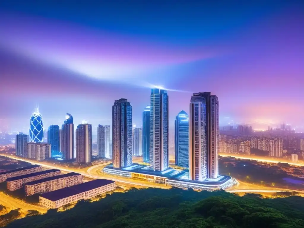 Horizonte urbano en crecimiento: luces y progreso en mercados emergentes Un horizonte urbano vibrante al anochecer con rascacielos iluminados y futuristas, simbolizando fusiones inmobiliarias en mercados emergentes