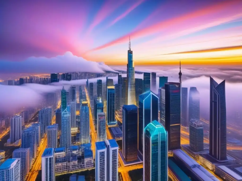 Metrópolis moderna: skyline vibrante y global Un horizonte urbano vibrante con rascacielos, simbolizando el dinámico mercado inmobiliario internacional