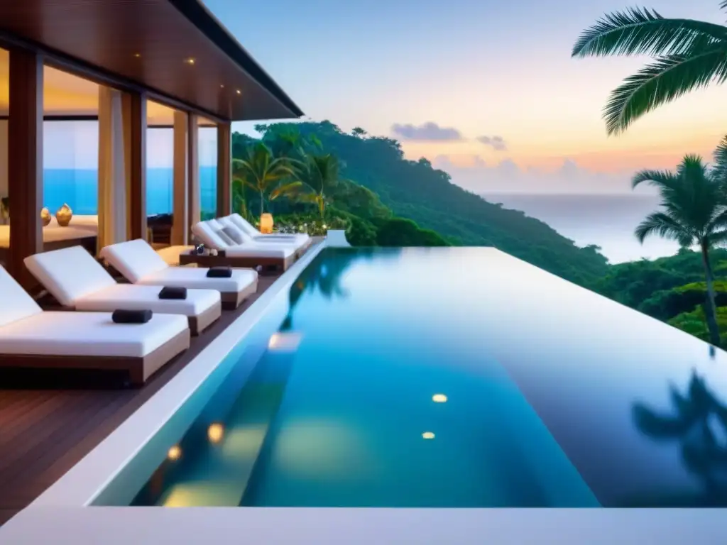 Villa de lujo con piscina infinita y vistas al mar Hospitalidad en villas vacacionales de 5 estrellas: Villa de lujo con terraza y piscina infinity con vista al mar y entorno tropical al atardecer